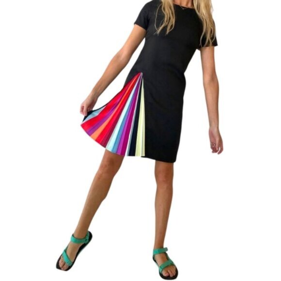 Vintage Dresses & Skirts - Boutique Multicolor Rainbow Pleat Black Dress L
